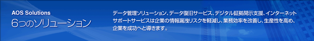 AOS 6つのソリューション　データ管理ソリューション、データ復旧サービス、デジタル証拠開示支援、インターネットサポートサービスは企業の情報漏洩リスクを軽減し、業務効率を改善し、生産性を高め、企業を成功へと導きます。